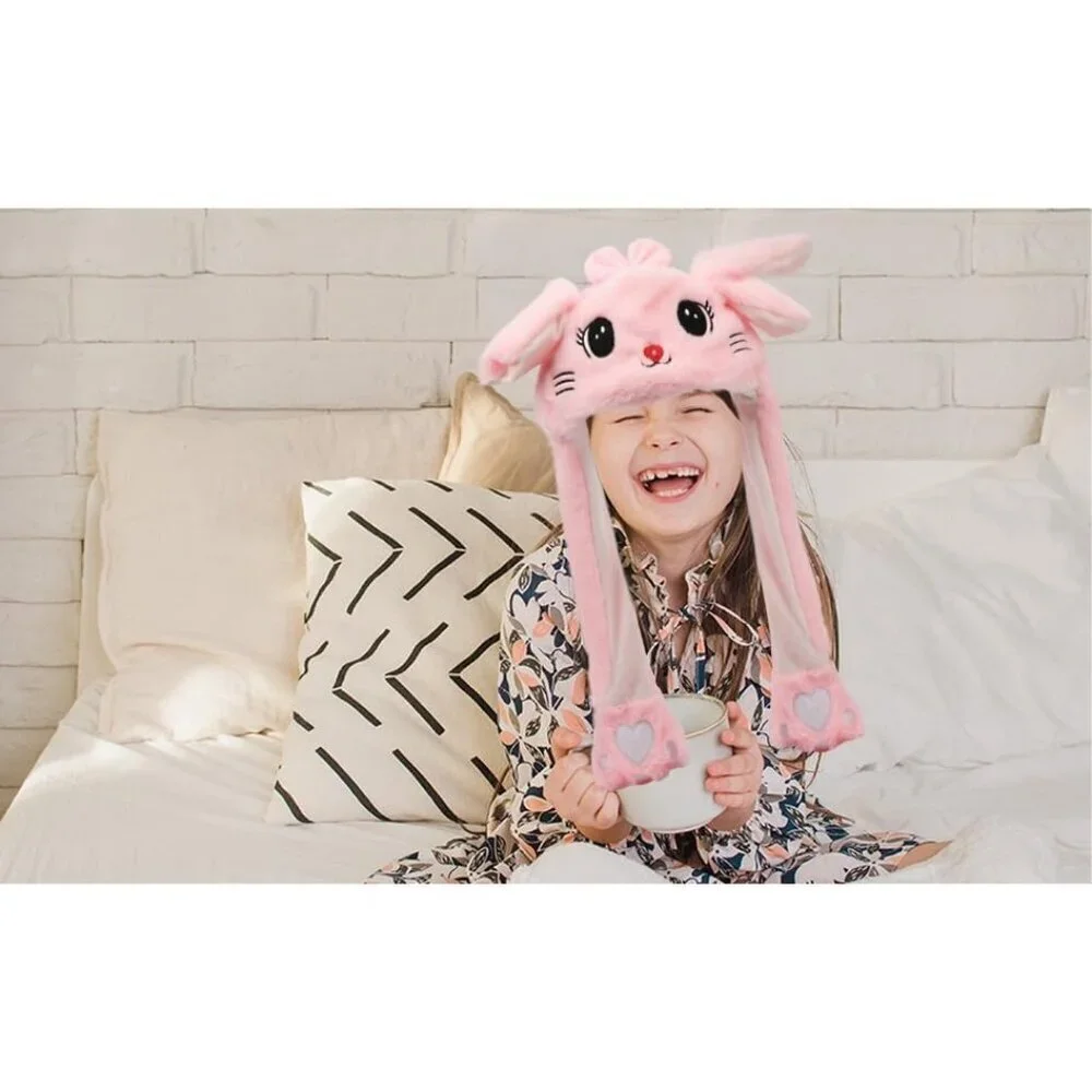 Kids Cat_pink Animal Hat with Ears Moving Jumping Pop Up Beating Plush Holiday